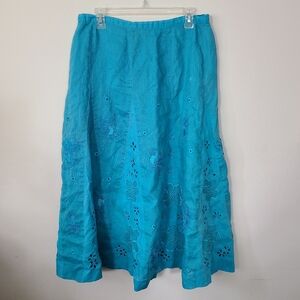 Blue Floral Eyelet 100% Linen Embroidered Womens 12 Midi Skirt Coastal‎ Beachy